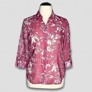Chico's Abstract Linen Blend Button Down Shirt Pink White Extra Large